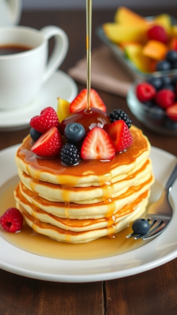 Fluffy pancakes topped with berries and syrup on a plate with a fork.